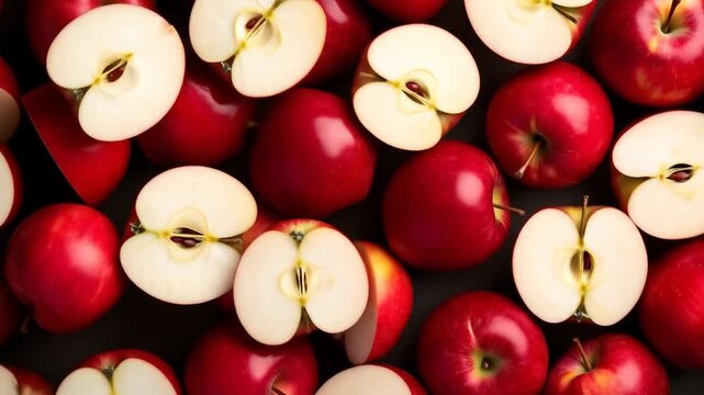 Red apples with sliced, whole, and fruit background.