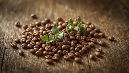 shot of freshly roasted coffee beans scattered on a rustic wooden surface, with a sprig of vibrant green leaves adding a touch of color, providing a natural and organic visual aesthetic,