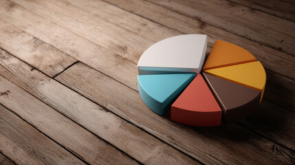 Colorful pie chart on wooden floor with segmented data visualization and soft lighting conveying analytical insight