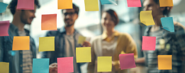 Colorful sticky note brainstorming session with colleagues collaborating on project planning and creative ideas