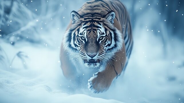 A tiger prowls through a snowy landscape with a focused gaze looking directly at the viewer ahead in winter