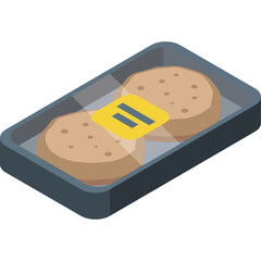 Two Round Beige Colored Burger Patties Packaged In A Transparent Plastic Container With Yellow Label On A White Background Isolated