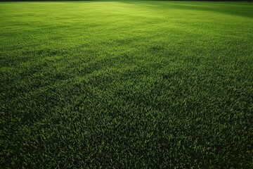 Lush Green Field with Dense Grass Blades Illuminated by Golden Sunlight in an Expansive Outdoor Landscape, Shot from a High Angle Perspective