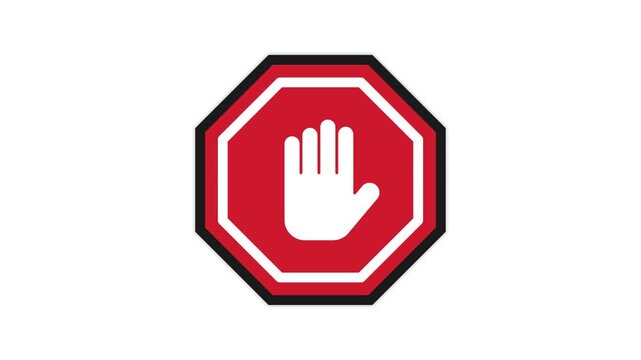 Red octagonal stop hand animation with flat modern motion style and clear vector warning design