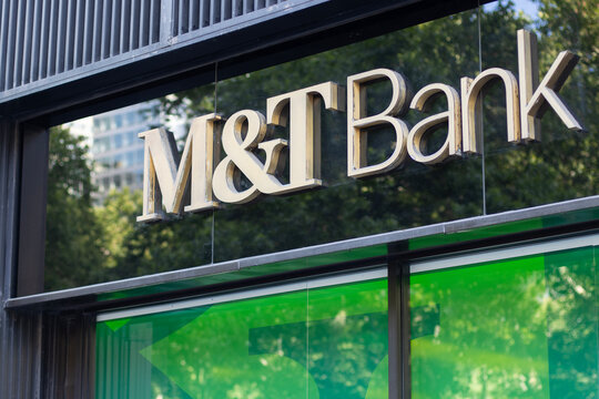 New York, NY, USA - July 5, 2022: M&T Bank sign is seen at one of its branches in New York City. M&T Bank Corporation is an American bank holding company headquartered in Buffalo, New York.