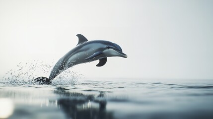 Obraz premium A dolphin leaps from the water with splashes around it in a bright and airy ocean scene view