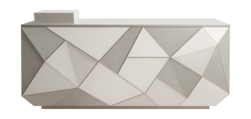 Geometric-patterned reception desk, ideal for a chic home design studio.