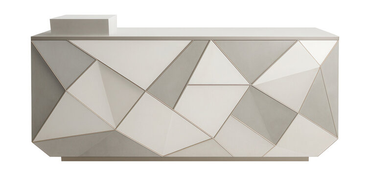 Geometric-patterned reception desk, ideal for a chic home design studio.