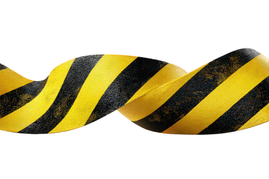 Abstract Swirling Ribbon With Yellow And Black Warning Stripes Against Black Background