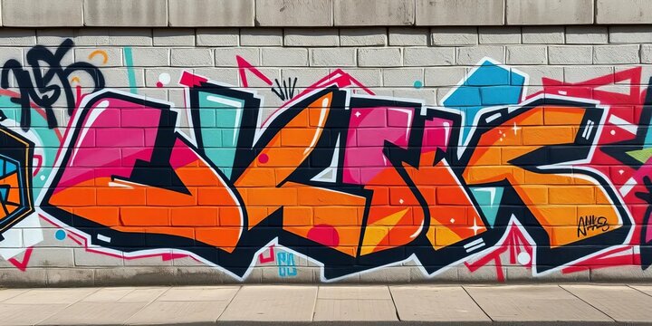 Geometric graffiti art on urban wall, vibrant colors, texture, art