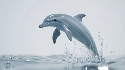 A dolphin leaps from the water with splashes against a plain white background in a studio setting