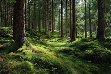 Obraz premium Lush Green Forest Landscape Illuminated By Sunlight with Trees and Vegetation