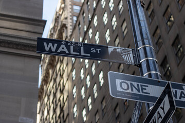 Low angle view of the Wall Street sign in the Financial District of Lower Manhattan, New York City.