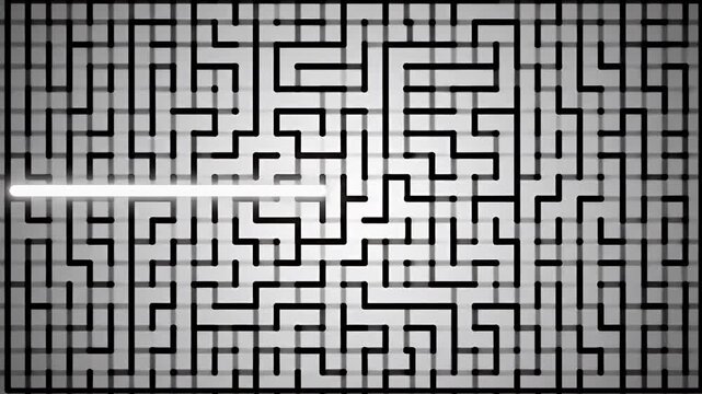 Strategic journey through a confusing maze puzzle, with a bright light showing the successful route to the exit or solution