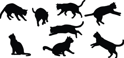 Black cat silhouette collection, playful and sitting feline poses, vector illustration of domestic cats, isolated pet design for decoration, artwork