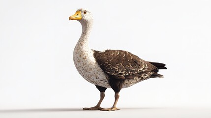 A nazca booby standing on a white surface with its distinctive yellow beak and feather details shown