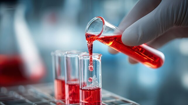 Scientist carefully pours vibrant red liquid between laboratory test tubes during research and development - Powered by Adobe