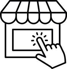 Vector illustration of a store front with awning and a hand pointing at the display screen