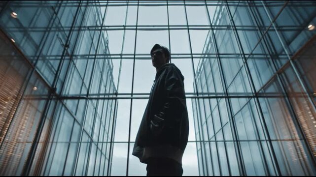 Person standing in modern glass building silhouetted against skylight