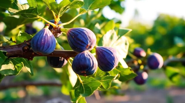 Ripe figs on tree branch with sunny orchard.
