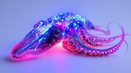 An octopus with glowing blue and pink spots lying on a light blue surface in a studio setting