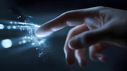 Close-up of hand touching holographic interface floating mid-air, neon accent,