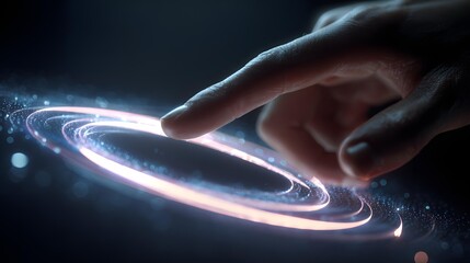 Close-up of hand touching holographic interface floating mid-air, neon accent,