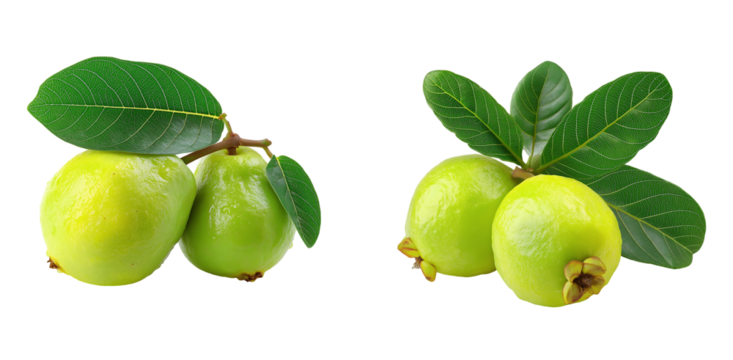 Two Fresh Guava Fruits with Leaves isolated on a transparent background