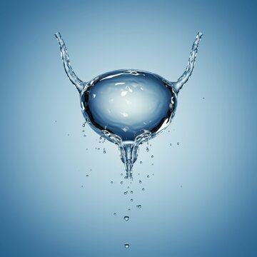 Conceptual translucent bladder artwork showing anatomical accuracy, suspended splashes, and delicate fluid motion on a calming blue gradient backdrop for art print.