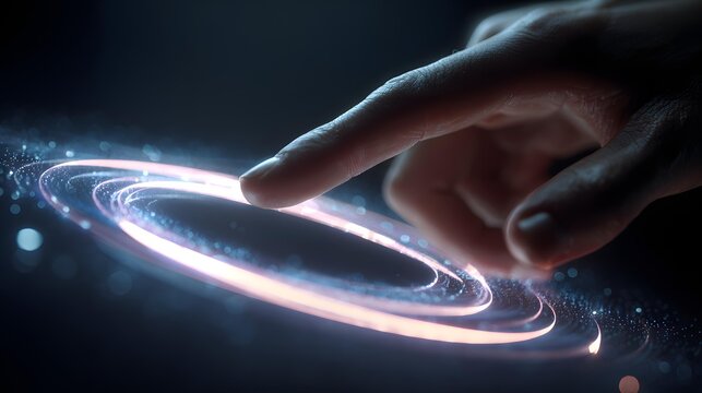 Close-up of hand touching holographic interface floating mid-air, neon accent,