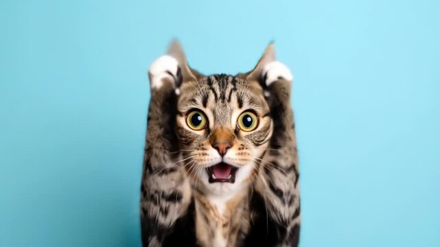 Playful tabby cat with wide eyes against a light blue backdrop
