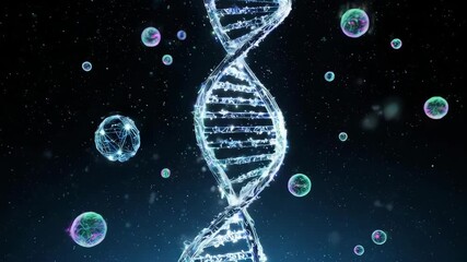 A luminous DNA strand with floating bubbles in a dark, starry cosmos - Powered by Adobe
