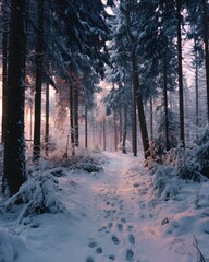 Naklejka premium Snowy forest path with footprints, early morning calm, mindfulness in nature,
