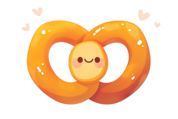 Cartoon Pretzel With Smiling Face and Floating Pink Hearts on Transparent Background