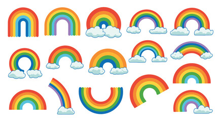 Obraz premium Collection of Cartoon Rainbows with Fluffy White Clouds on White Background weather symbol