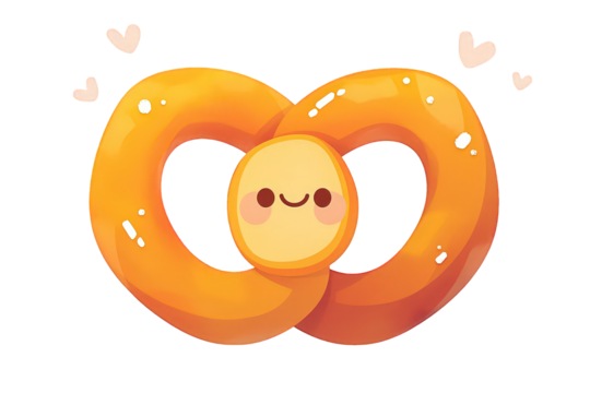 Cartoon Pretzel With Smiling Face and Floating Pink Hearts on Transparent Background