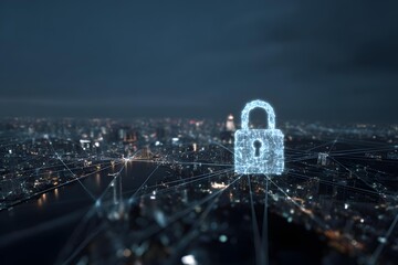 Cybersecurity concept: padlock hologram overlaying city network lines, dark mode,