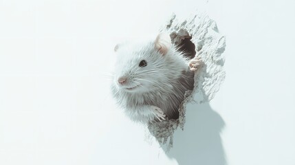 A white mouse peeking out of a hole in a white wall looking to the left with its paws visible
