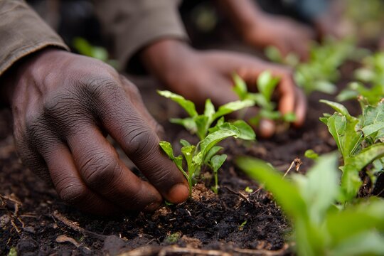 Close-up of hands planting seedlings in community garden, grassroots sustainability,