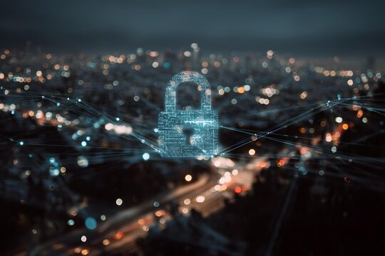 Cybersecurity concept: padlock hologram overlaying city network lines, dark mode, - Powered by Adobe