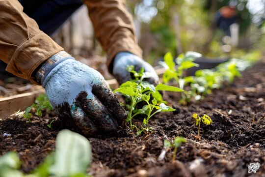 Close-up of hands planting seedlings in community garden, grassroots sustainability,