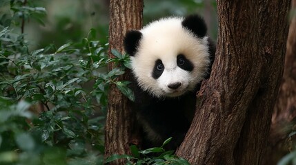 Fototapeta premium Adorable baby panda peeking from tree branches, captivating with innocent eyes and fluffy fur