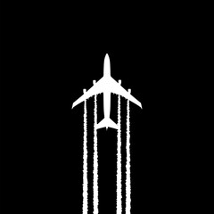 Minimalist geometric abstract airplane silhouette with jet trails in black and white design