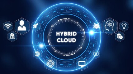 Hybrid Cloud Technology Concept with Digital Icons and Luminous Blue Circle cloud computing network - Powered by Adobe