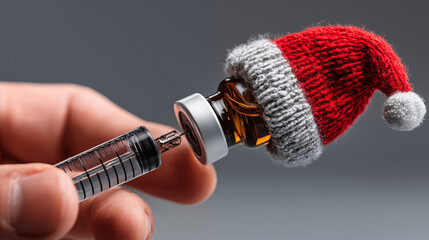 Conceptual image of syringe with vaccine and christmas hat.