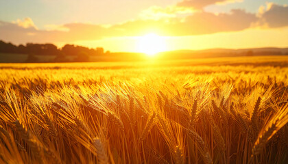 Golden wheat field glowing under sunrise light, warm autumn harvest landscape with natural sun flare and soft depth, peaceful rural countryside morning
