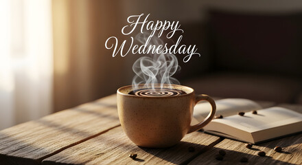 Steaming Coffee Cup and Book: Happy Wednesday Morning Still Life
