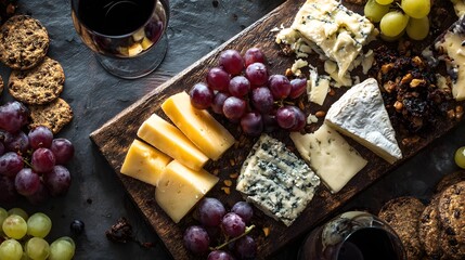 High-angle shot of artisanal cheese board with grapes and wine (wine out of shot), social lifestyle food,