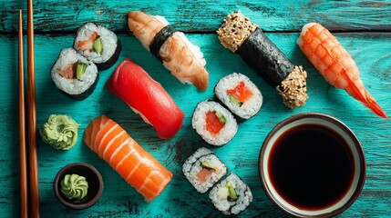 Vibrant sushi platter with fresh salmon, tuna, shrimp nigiri, rolls, wasabi, and soy sauce on a teal wood table