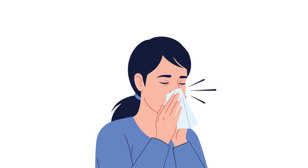 Woman wiping nose with tissue experiences allergies or cold symptoms, perfect for health blogs, seasonal illness awareness, and wellness campaigns